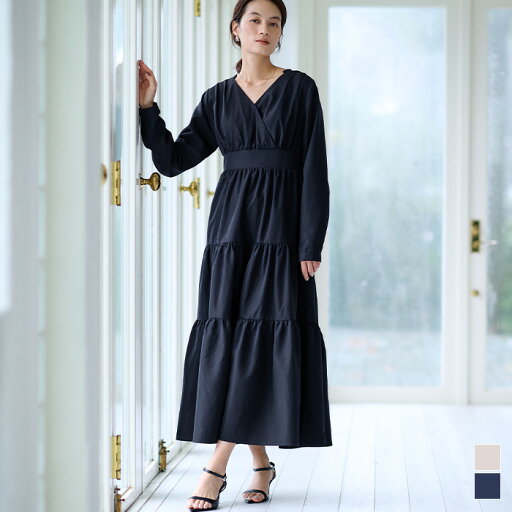 カシュクールティアードワンピース ワンピース レディース ロング丈 フレア Vネック 長袖 シンプル カシュクールティアードワンピース ワンピース レディース ロング丈 フレア Vネック 長袖 シンプル