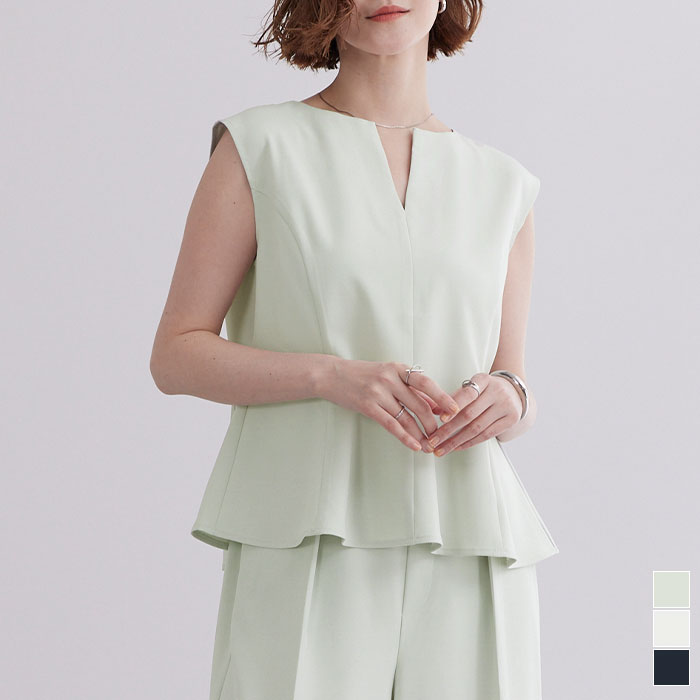 キーネックノースリーブペプラムトップス トップス レディース ブラウス セットアップ ノースリーブ フレア ペプラム シンプル オフィス【メール便可/100】