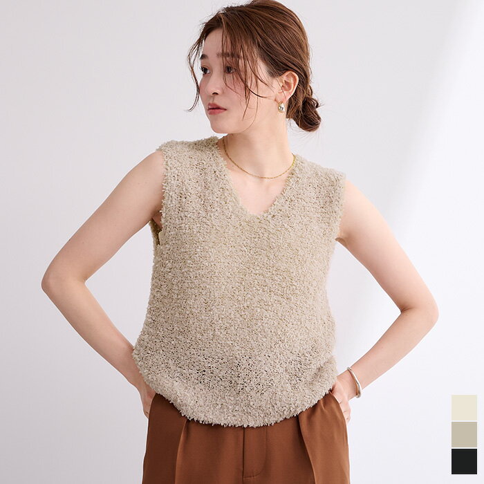 先着100名様【店内全品50％OFFクーポン】6/4 20時～■ファンシーヤーンベスト トップス レディース ニット ベスト Vネック ノースリーブ レイヤード 前後2way クルーネック サマーニット シンプルのサムネイル