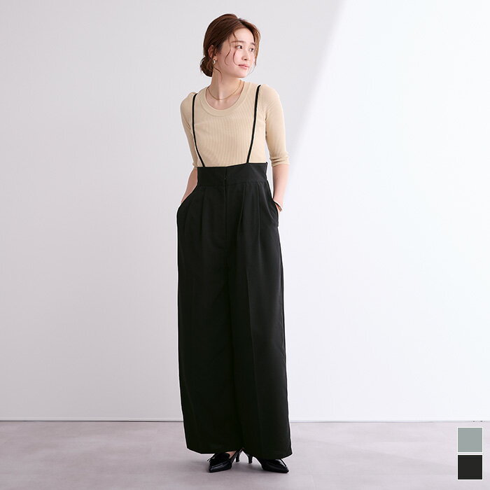 先着100名様【店内全品50％OFFクーポン】6/22 20時～■タックワイドサロペット レディース サロペット パンツ 長さ調節 オールインワン ワイドシルエット レイヤード シンプルのサムネイル