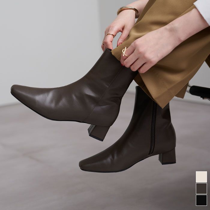 4.5cmスクエアトゥブーツ シューズ レディース 靴 ブーツ ショート丈 太めヒール アニマル柄 シンプル ..