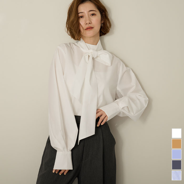 【店内全品30％OFFクーポン】9/20 23:59まで■2wayボウタイブラウス トップス レディース ブラウス 長袖 2way ボウタイ ボリュームスリーブ シンプル ハイネック【メール便可／100】のサムネイル