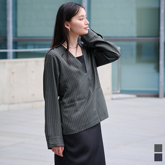 【店内全品20％OFFクーポン】9/11 1:59まで■ディープVネックブラウス トップス レディース ブラウス シャツ 長袖 Vネック ストライプ セットアップ オフィス 大人 シンプルのサムネイル
