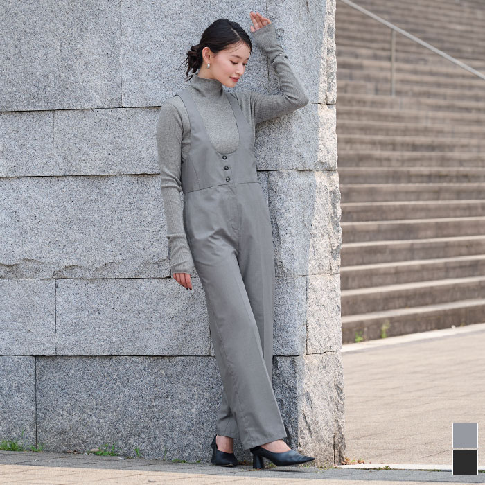 先着100名様【店内全品50％OFFクーポン】11/20 20時～■ディープラウンドネックサロペット ワンピース ..