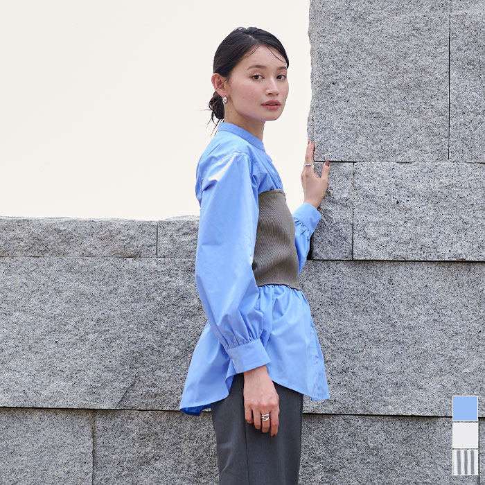 先着100名様【店内全品50％OFFクーポン】9/4 20時～■ビスチェデザインシャツ トップス レディース ブラウス 長袖 ニット ビスチェ ドッキング 無地 ストライプ 柄 レイヤードのサムネイル