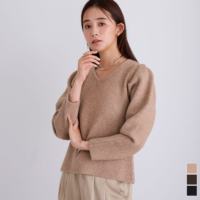 前後2wayパフスリーブニット トップス レディース ニット 長袖 Vネック ショート丈 ボリュームスリーブ シンプル カジュアルのサムネイル