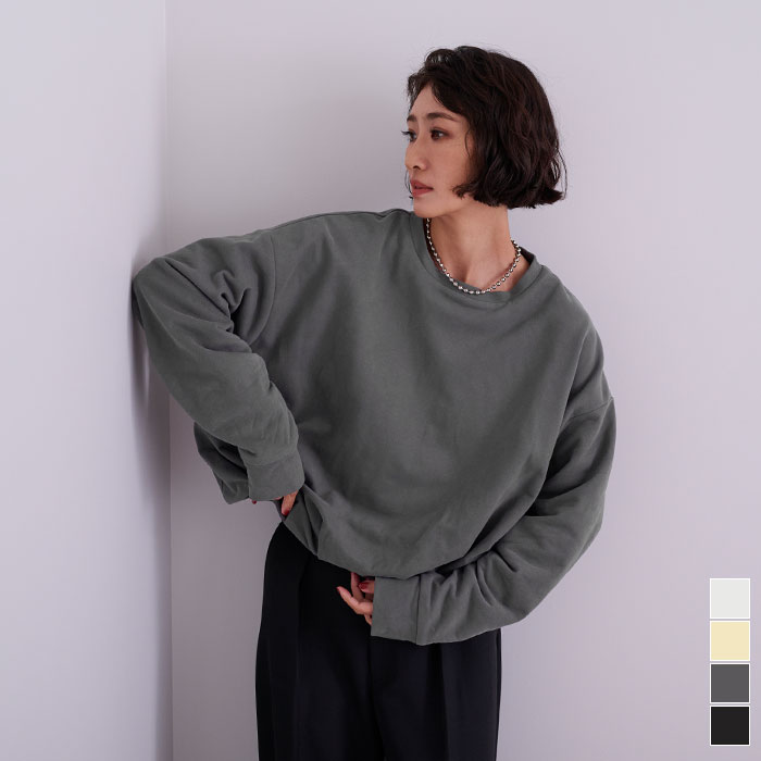 先着100名様【店内全品50％OFFクーポン】11/20 20時～■裏フリース裾バルーンスウェット トップス レディース カットソー 長袖 ショート丈 クルーネック タック 裏地フリース シンプルのサムネイル