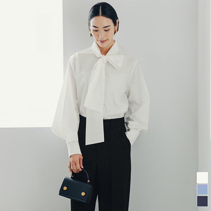 '袖タックボウタイブラウス トップス レディース ブラウス シャツ 長袖 ボウタイ ドロップショルダー 大人 シンプル
