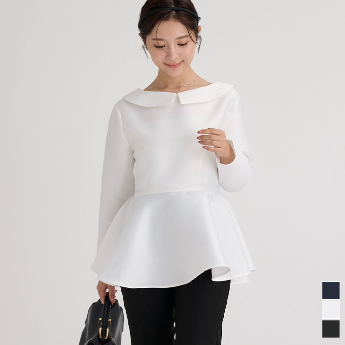 先着100名様【店内全品50％OFFクーポン】12/4 20時～■2wayペプラムブラウス トップス レディース ブラウス シャツ フレア ペプラム 長袖 襟付き クルーネック 上品 光沢 シンプル セレモニーのサムネイル
