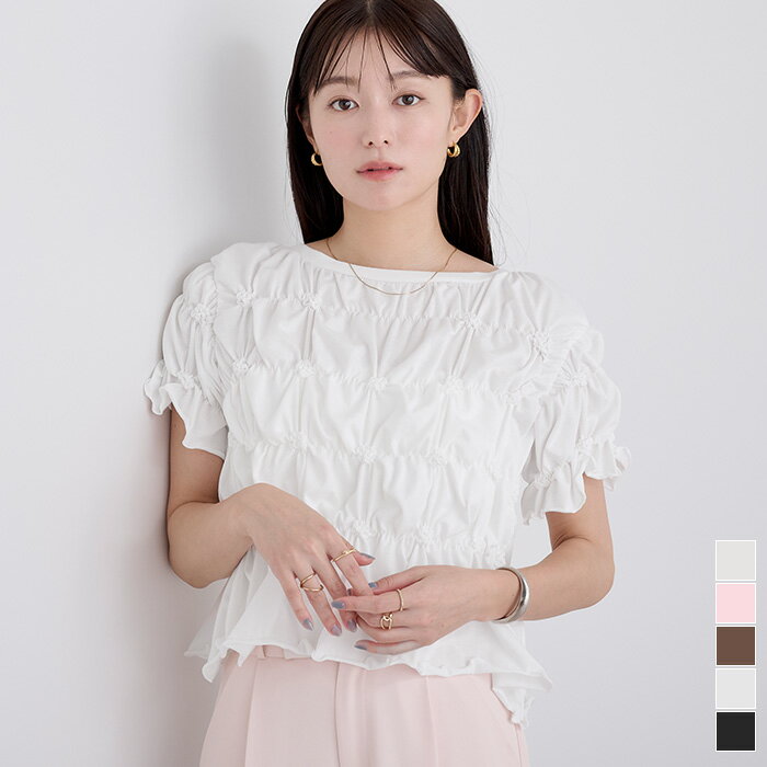 Rakuten - 【店内全品20％OFFクーポン】5/16 1:59まで■ポコポコシャーリング半袖Tシャツ トップス レディース カットソー クルーネック 半袖 ギャザー ショート丈 シンプル きれいめ【メール便可／100】