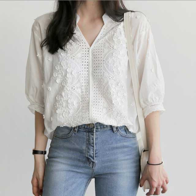 フェミニン 刺繍 ブラウス ホワイト シャツ 七分丈 ガーリー 大人可愛い レース パフスリーブ ロングテール(4.0)