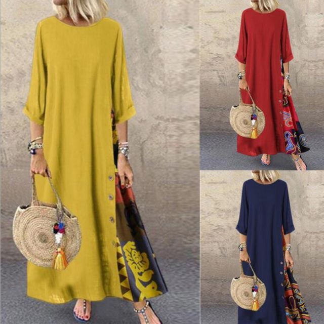 ワンピース レディース ナチュラル ゆったり ロング丈 マキシ丈 カジュアル ラウンドネック エスニック柄 切替 エレガント 七分袖 春 夏 かわ大 キレナチュ