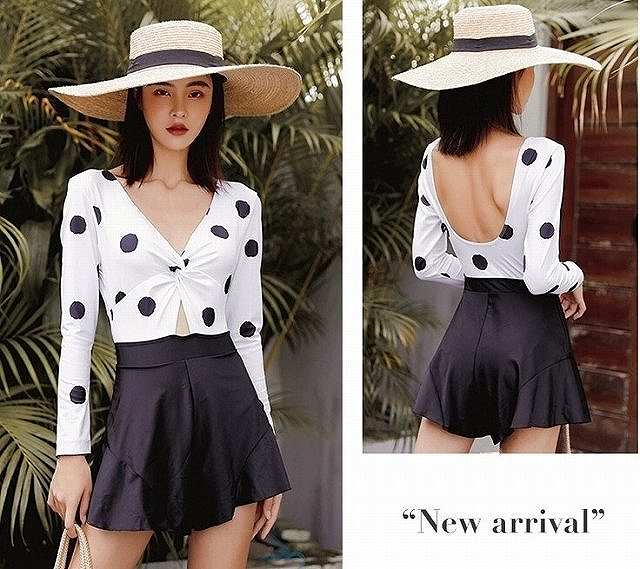 水着 レディース水着 ワンピース 体型カバー スイムウェア 温泉 プール ワンピース水着 水20 水30 水40 ドット柄 袖あり フロントツイスト