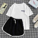 レディース 韓国 セットアップ パジャマ 半袖 ショートパンツ Tシャツ ロゴ 春 夏 ツーピース ゆったり こなれ ルームウェア 大きいサイズ 黒 かわ大 Roomwear