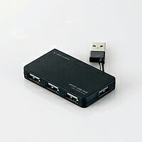 ■ケーブルが本体に収納でき携帯に便利!バスパワー専用タイプの4ポートUSB2.0ハブ。［特徴］■コネクタケーブルを本体に収納できる、スタイリッシュなパスパワー専用4ポートUSBハブです。 ■スリムなコンパクトデザインですので、収納や持ち運びにも便利です。 ■フロントの3ポートに加え、サイドに1ポートを装備しており、幅広のUSB機器を接続するのに便利です。 ■ACアダプタ不要のバスパワー専用モデルです。≪商品の概要≫■インターフェイス：USB2.0■コネクタ形状：パソコン側(アップストリームポート):USB Ax1/周辺機器側(ダウンストリームポート):USB Ax4■対応OS：Windows10、Windows 8.1、Windows 7、Windows Vista、Windows XP、Macintosh OS X 10.11 ※各OSの最新バージョンへのアップデートや、サービスパックのインストールが必要になる場合があります。■最大転送速度：USB2.0ハイスピード/480Mbps(理論値)、USB1.1フルスピード12Mbps(理論値)■アップストリーム(パソコン側)ポート数：1ポート■ダウンストリーム(周辺機器側)ポート数：4ポート■USBケーブル方式：USB2.0■USBケーブル長：約29mm(コネクタを除く)■電源方式：バスパワー■供給可能電流：4ポート合計最大400mA(各ポート100mA未満)■カラー：ブラック■外形寸法：約幅65.0×奥行37.3×高さ9.0mm(ケーブルを除く)■重量：約20.0g■動作環境：温度5〜40℃、湿度30〜80%(結露なきこと)■保証期間：6カ月（注)仕様は予告無く変更される場合があります。メーカーのホームページもご確認下さい。