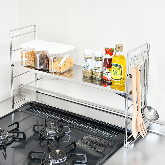 ＼特典あり／コンロ奥多機能ラック 2段 幅65cm[コンロ奥 ラック 多機能ラック コンロ周り 収納 キッチン収納 ステンレスラック 二段 省スペース 棚 お手入れ簡単 整理整頓 片付け シンプル 日本製 新生活 一人暮らし 引っ越し祝い 新築祝い] メーカー直送(3.0)