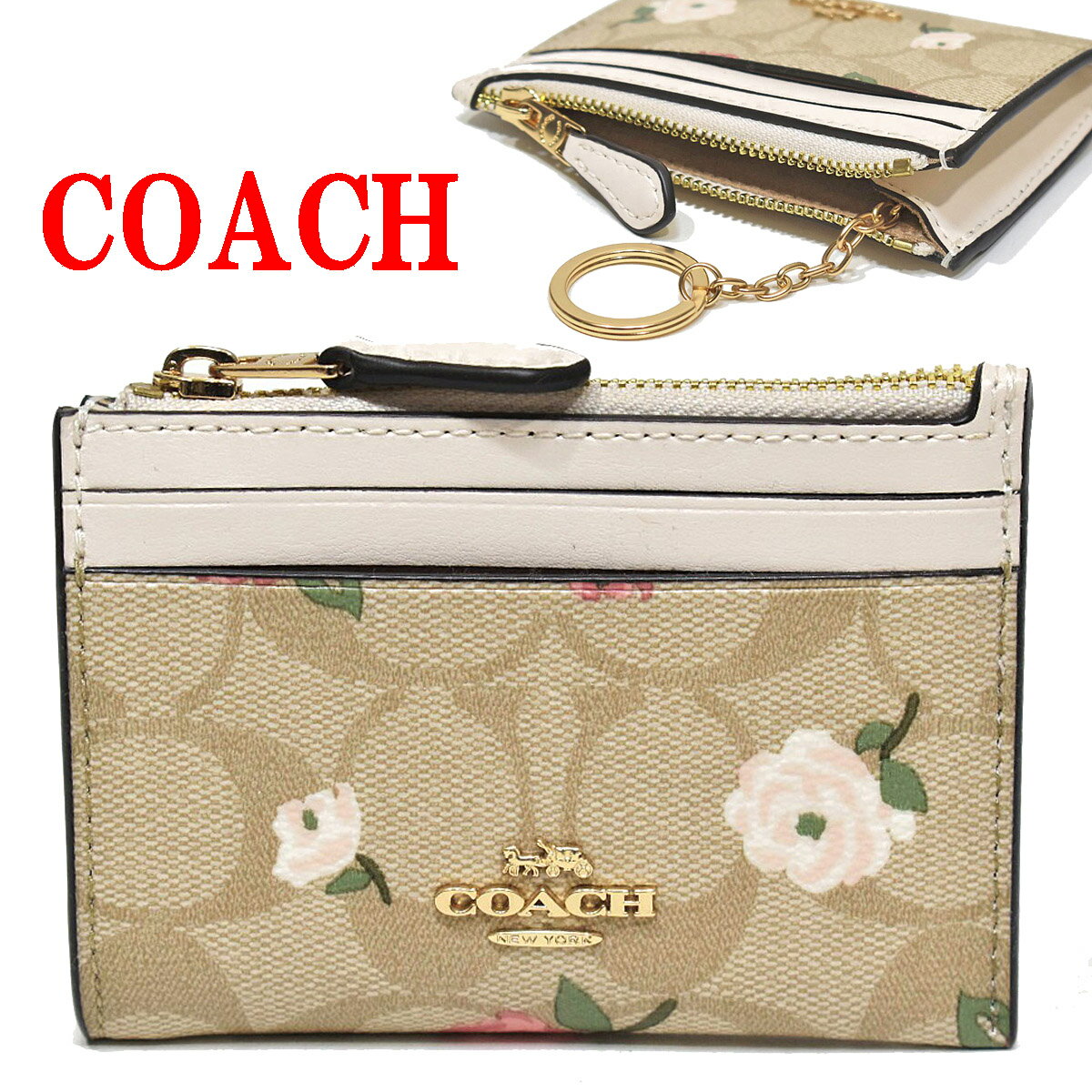 コーチ コインケース 小銭入れ カードケース 名刺入れ パスケース キーケース レディース 花柄 COACH アウトレット CR972 FCR972 IMOTV シグネチャー フローラル プリント ミニスキニー ID ケース チョーク ホワイト