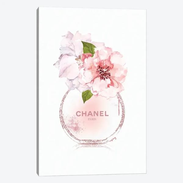 【送料無料+割引クーポン】 米国発のお洒落なオマージュアート Round Perfume Bottle With Pastel Peonies シャネル CHANEL キャンバスアート 絵画 インテリア 模様替え 引越し祝い 開店祝い