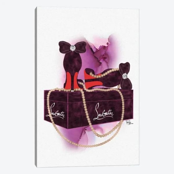 【送料無料 割引クーポン】 米国発のお洒落なオマージュアート Bubu Deep Pink Heels On Gift Box With Light Brown Pearls ルブタン Louboutin キャンバスアート 絵画