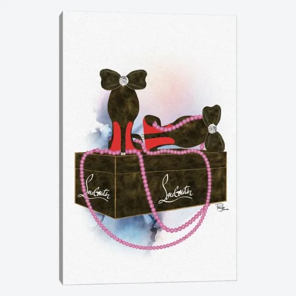 【送料無料 割引クーポン】 米国発のお洒落なオマージュアート Bubu Brown Heels On Gift Box With Magenta Pearls ルブタン Louboutin キャンバスアート 絵画 模様替え