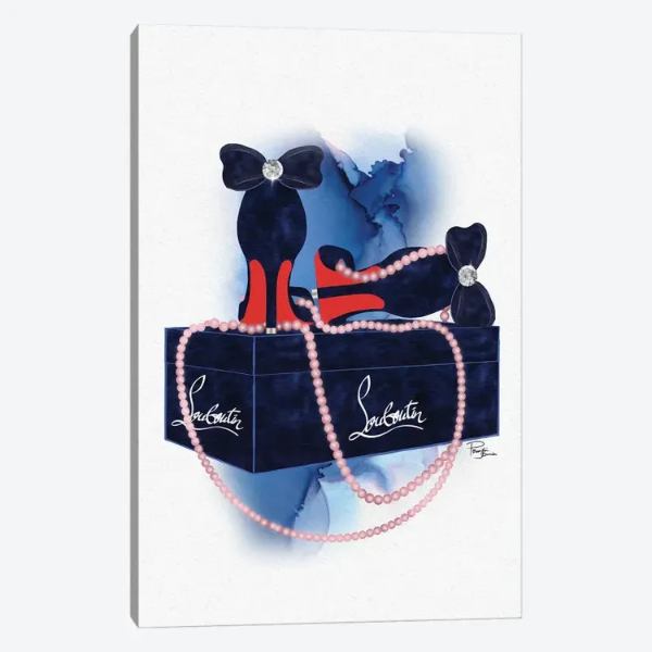 【送料無料 割引クーポン】 米国発のお洒落なオマージュアート Bubu Blue Heels On Gift Box With Rose Pearls ルブタン Christian Louboutin キャンバスアート 絵画 模様替え