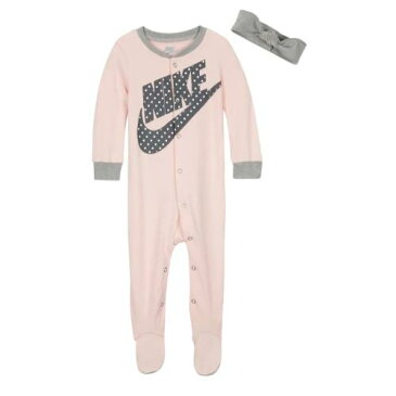 【送料無料+クーポン対象】 NIKE ナイキ 女の子用Futura Big Swooshカバーオールxヘッドバンド出産祝い2点セット（Echo Pink） ロンパース ジャンプスーツ ヘアアクセサリー