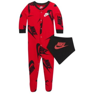 【送料無料+クーポン対象】 NIKE ナイキ 男の子用Nike Sportswear Swooshロゴカバーオールxスタイ出産祝い2点セット（University Red） ロンパース ジャンプスーツ よだれかけ