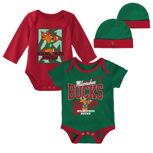 楽天USキッズウェア楽天市場店【送料無料+割引クーポン】 NBA公式 Milwaukee Bucks ボディースーツ2枚+ベビーハット出産祝い3点セット（Green/Red） ミルウォーキー・バックス 男の子用ロンパース 女の子用短肌着 下着 パジャマ ベビー服