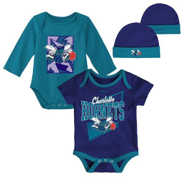 【送料無料+割引クーポン】 NBA公式 Charlotte Hornets ボディースーツ2枚+ベビーハット出産祝い3点セット（Purple/Teal） シャーロット・ホーネッツ 男の子用ロンパース 女の子用短肌着 パジャマ ベビー服