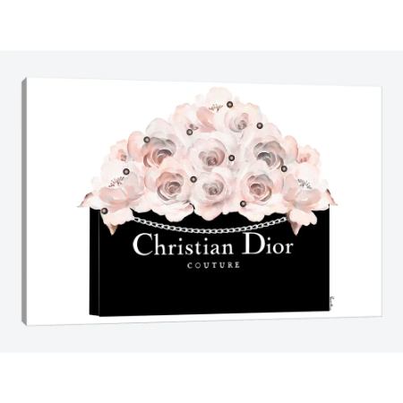 【送料無料+割引クーポン】 お洒落なオマージュアート Black Dior Shopping Bag With Soft Blush Roses & Pearls ディオール Dior キャ..