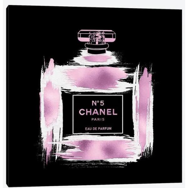 【送料無料+割引クーポン】 米国発のお洒落なブランドオマージュアート Metallic Pink & White On Black Grunged No5 Paris Perfume Bottle シャネル CHANEL キャンバスアート 絵画