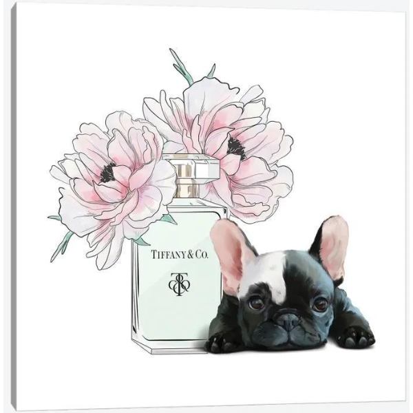 【送料無料+割引クーポン】 米国発のお洒落なブランドオマージュアート Cute Frenchie And Flowersティファニー TIFFANY キャンバスアート 絵画 インテリア 模様替え 引越し祝い 新築祝い 開店祝い