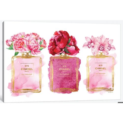 【送料無料+割引クーポン】 米国発のお洒落なブランドオマージュアート Three Perfume Bottles In Pink シャネル CHANEL キャンバスアート 絵画 インテリア 模様替え 引越し祝い 新築祝い 待合室 会議室