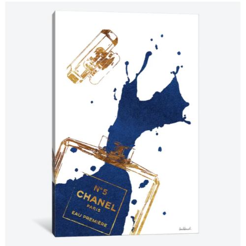 【送料無料+割引クーポン】 米国発のお洒落なブランドオマージュアート Gold Perfume Bottle With Navy Blue Splash シャネル CHANEL キャンバスアート 絵画 模様替え 引越し祝い 新築祝い