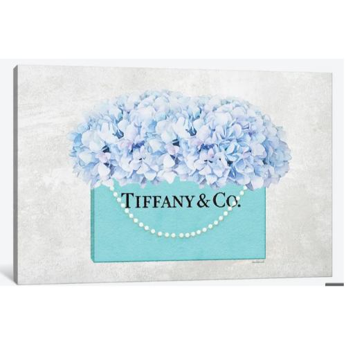 【送料無料+割引クーポン】 米国発のお洒落なブランドオマージュアート Teal Blue Shopper Pearl Handle Blue Hydrangeas Textured ティファニー Tiffany キャンバスアート 絵画