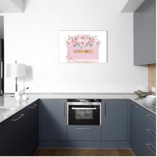 【送料無料】 米国発のお洒落なブランドオマージュアート Pretty Pink & Gold Shopping Bag With Blush Roses シャネル CHANEL キャンバスアート 絵画 インテリア