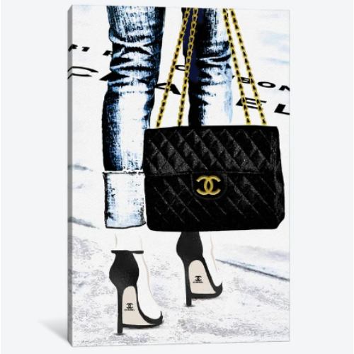 【送料無料+割引クーポン】 米国発のお洒落なブランドオマージュアート Lady With The Chanel Bag And Black High Heels シャネル CHANEL キャンバスアート 絵画 模様替え 新築祝い