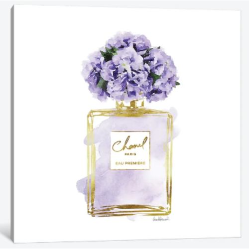 【送料無料+割引クーポン】 米国発のお洒落なブランドオマージュアート Gold And Purple Perfume Bottle With Purple Peonies シャネル CHANEL キャンバスアート 絵画 インテリア