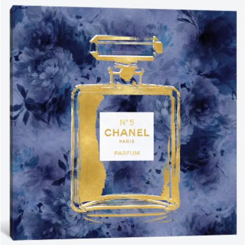 【送料無料+割引クーポン】 米国発のお洒落なブランドオマージュアート Gold Perfume On Blue Flowers シャネル CHANEL キャンバスアート 絵画 インテリア 模様替え 引越し祝い 新築祝い 待合室 会議室