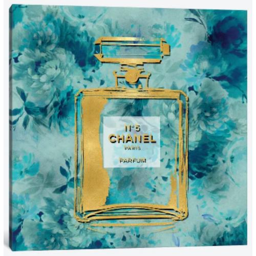 【送料無料+割引クーポン】 米国発のお洒落なブランドオマージュアート Gold Perfume On Aqua Flowers シャネル CHANEL キャンバスアート 絵画 インテリア 模様替え 引越し祝い 新築祝い 待合室 会議室