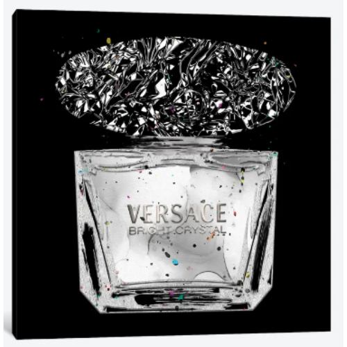 【送料無料+割引クーポン】 米国発のお洒落なブランドオマージュアート Bright Crystal All Silver Perfume Bottle On Black ヴェルサーチ Versace キャンバスアート 絵画 インテリア