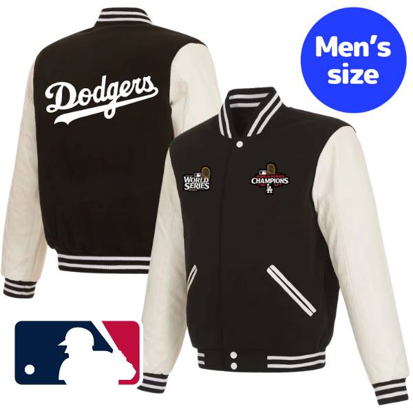 MLB JH Design メジャーリーグ メンズ バーシティジャケット スタジャン ロサンゼルス・ドジャース 大谷翔平 山本由伸 ワールドシリーズ 2024 優勝記念 2024 World Series Champions Reversible Fleece & Faux Leather Full-Snap Jacket（Black）