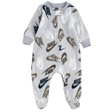 【送料無料+月末割引クーポン配布中】 NIKE ナイキ 男の子用大きなSwooshロゴの総柄が可愛いAOPフリース足つきカバーオール(Grey Heather) ロンパース ジャンプスーツ パジャマ 出産祝い 【楽ギフ_包装選択】