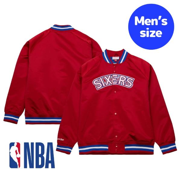 y+N[|z NBA Y WPbg MA-1 {o[ tBftBAEZueBVNT[Y Philadelphia 76ers Hardwood Classics Throwback Wordmark Jacket