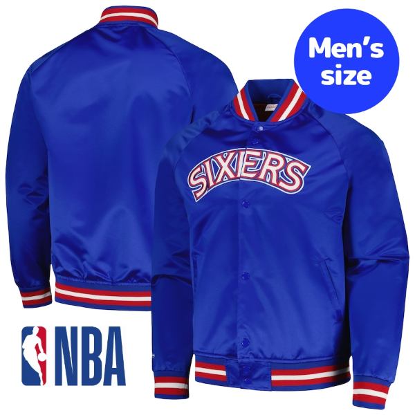 y+N[|z NBA Y WPbg MA-1 {o[ tBftBAEZueBVNT[Y Philadelphia 76ers Hardwood Classics Throwback Wordmark Jacket