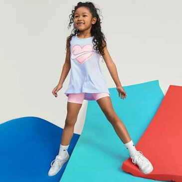 【送料無料+月末5%クーポン配布中】 nike ナイキ 女の子用Nike Heart Swoosh タンクトップx短パン上下2点セット(Purple/Pink) 子供服 半ズボン セットアップ ギフト 半袖トップス