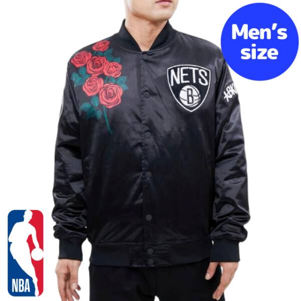 y+N[|z NBAItBV Y AE^[ iCWPbg TeWPbg X^W ubNElbc BROOKLYN NETS ROSE SATIN JACKET