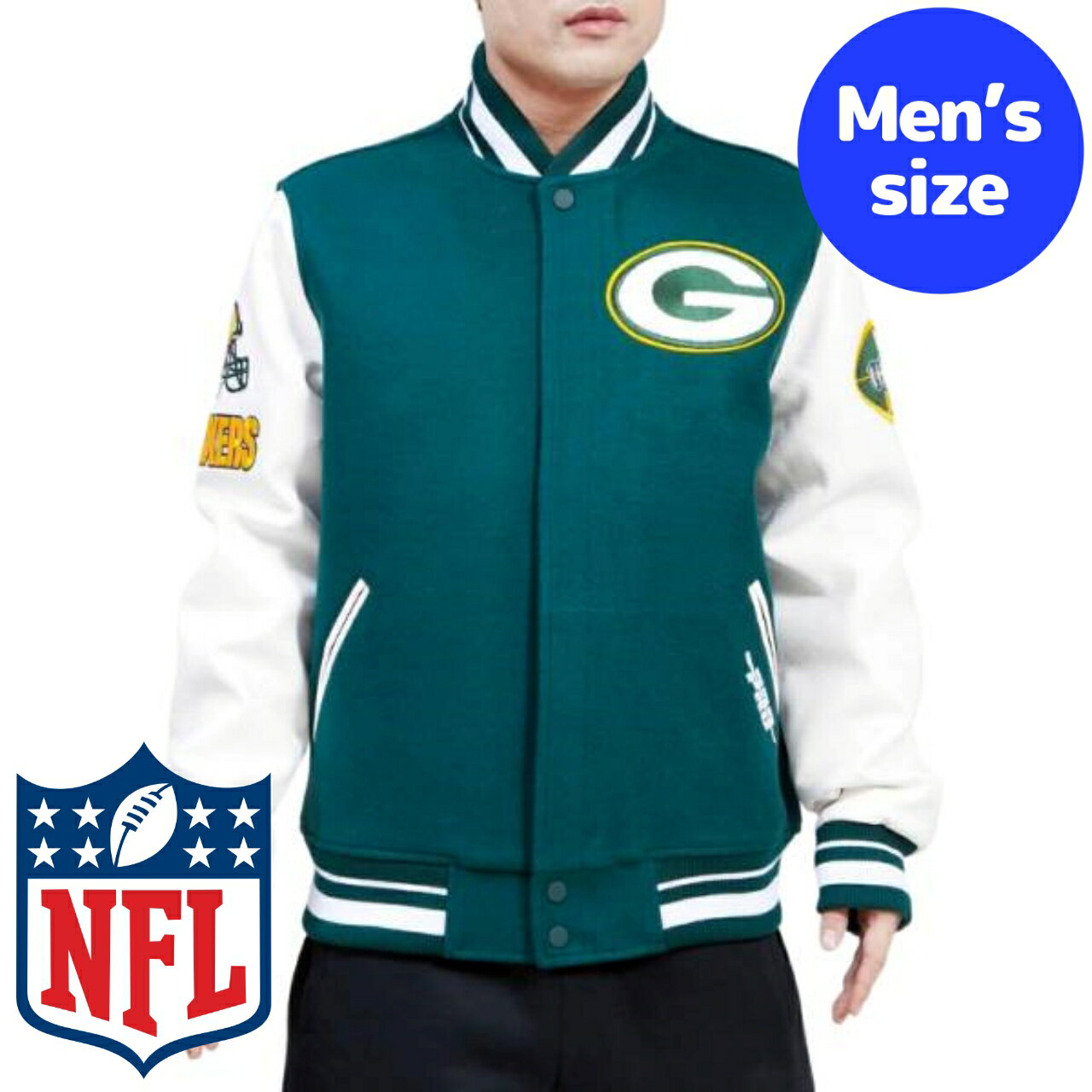 y+N[|z NFLItBV Y AE^[ o[VeBWPbg X^W Atg O[xCEpbJ[Y GREEN BAY PACKERS OLD ENGLISH VARSITY JACKET