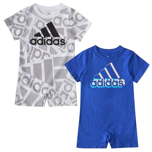 【ニコニコ割引対象】【送料無料】 adidas アディダス 男の子用大きなロゴが可愛いスリーストライプス半袖ロンパース2着セット（White/Blue） カバーオール 出産祝い ボディースーツ ベビー服