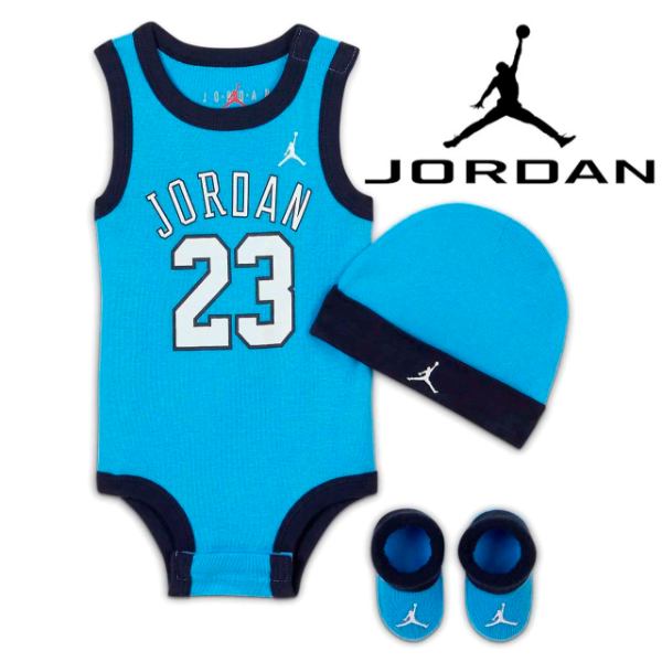 【ニコニコ割引対象】【送料無料】 nike ナイキ ジョーダン 男の子用Jordan 23 ジャンプマンノースリーブボディースーツ出産祝い3点セット（University Blue） ロンパース 靴下 カバーオール 帽子 ベビー服 キッズ服 子供服 【楽ギフ_包装選択】